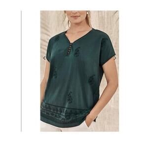 $79 NWT J Jill Pure Embroidered V-Neck Tee T-Shirt Viridian Green Oversized Sz M